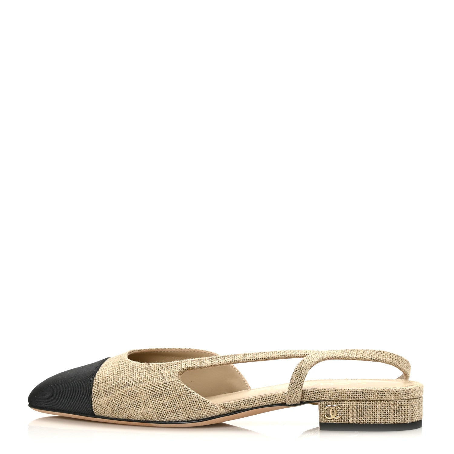 Chanel Fabric Grosgrain Cap Toe CC Slingback Flats 37 Light Beige Black 1 of 7