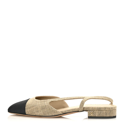 Chanel Fabric Grosgrain Cap Toe CC Slingback Flats 37 Light Beige Black 1 of 7