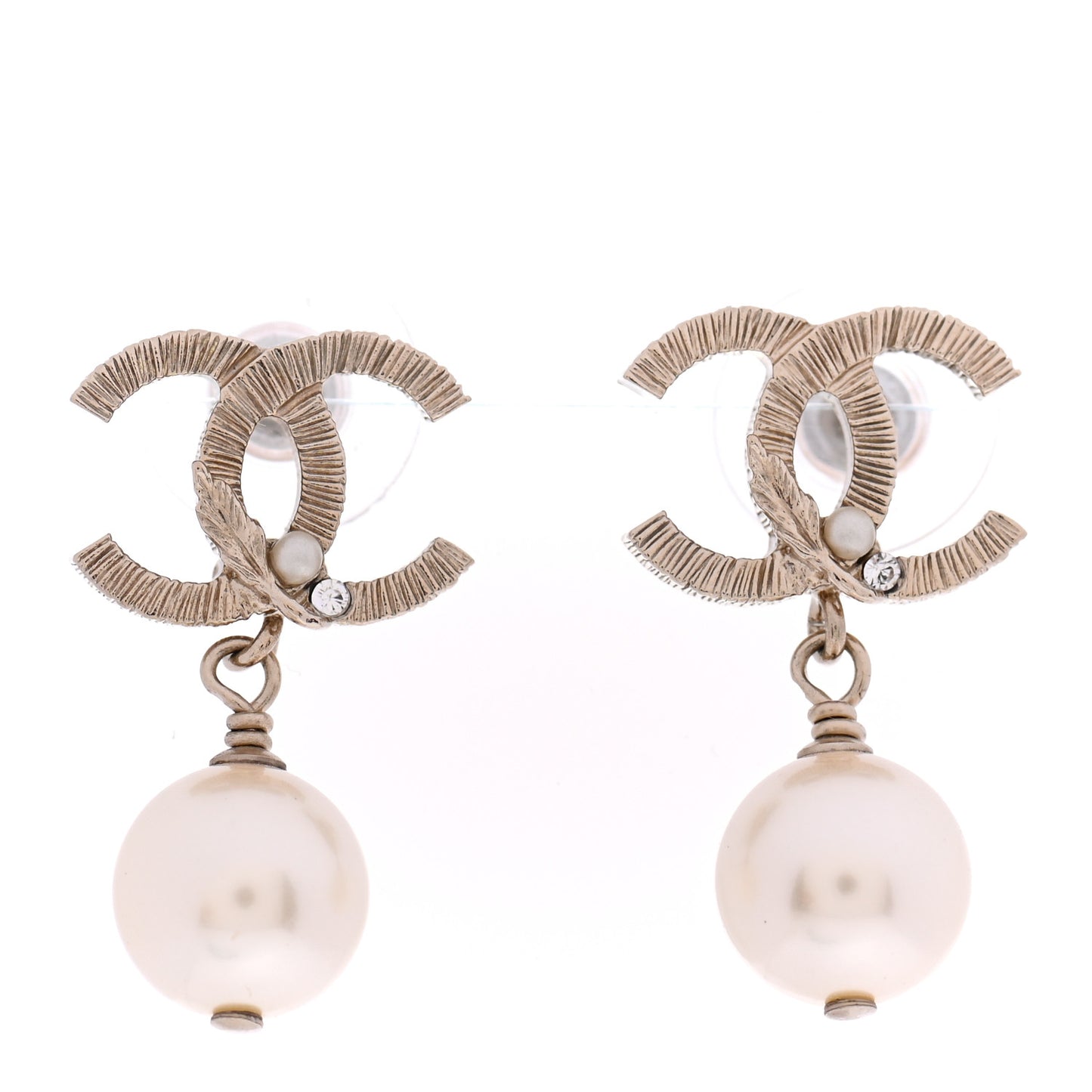 Crystal Pearl CC Drop Leaf Earrings Gold