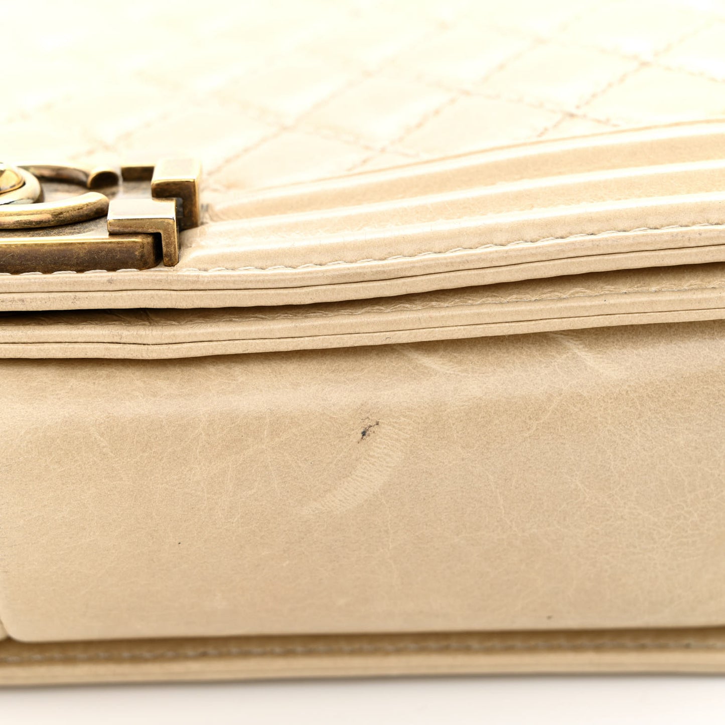 Glazed Calfskin Quilted Large Boy Flap Beige