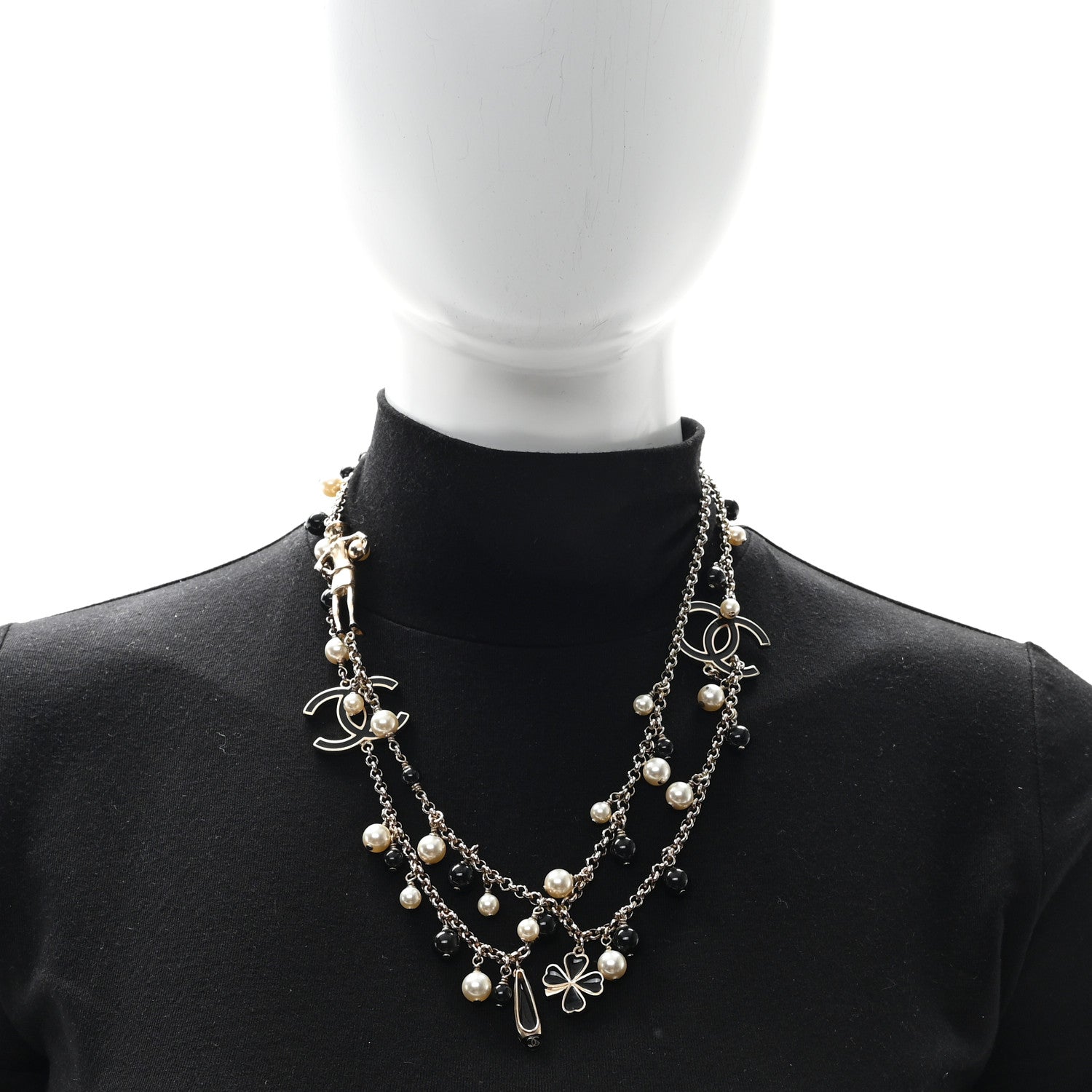 Chanel Resin Pearl Bead CC Charms Necklace Gold Black 2 of 5