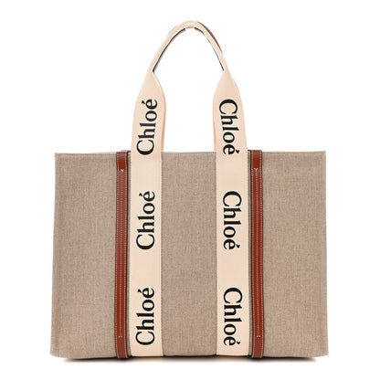 Chloe Linen Calfskin Large Woody Ribbon Tote White Brown 1 of 10