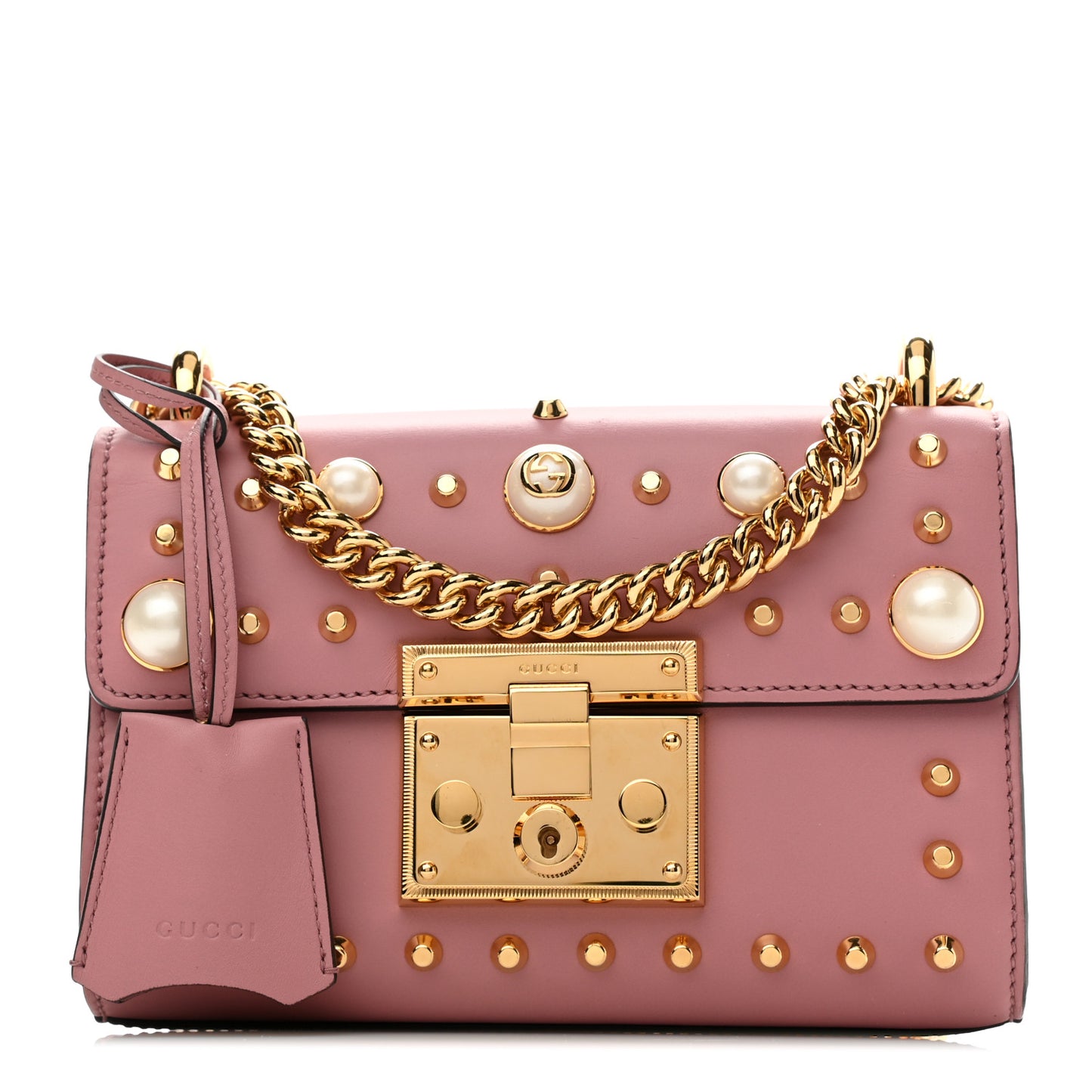 Calfskin Studded Small Padlock Shoulder Bag Carmine Rose