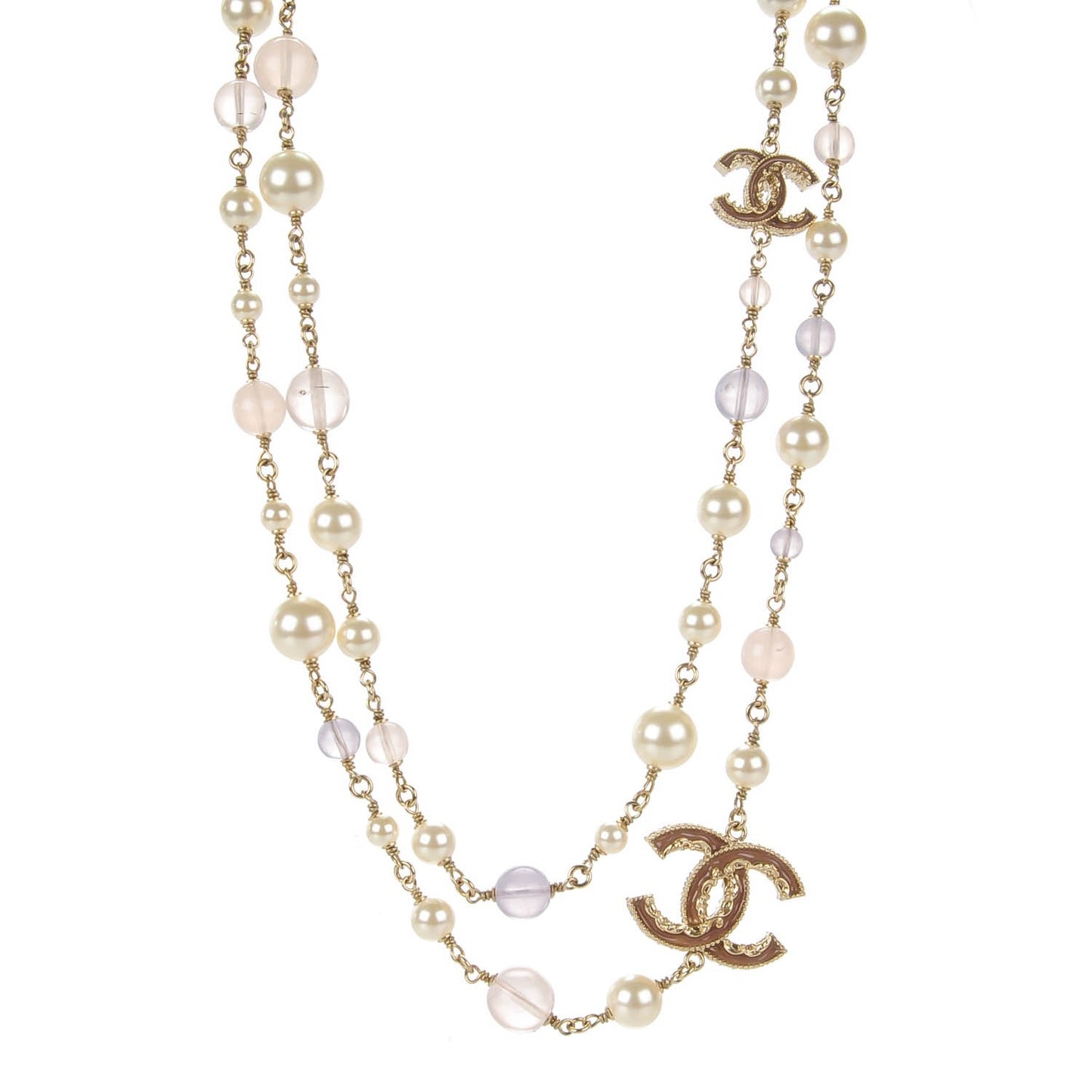 Pearl Beaded Enamel CC Long Necklace Gold