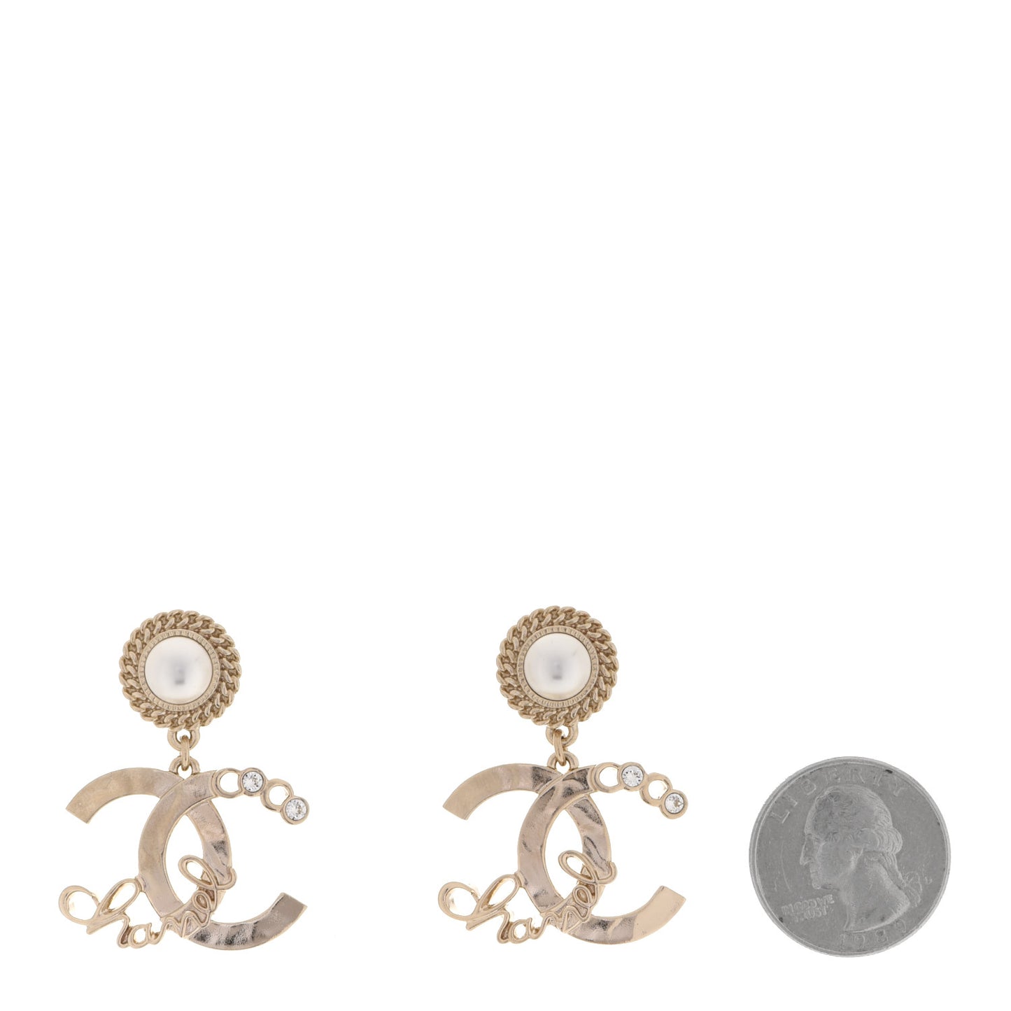 Pearl Crystal CC Logo Drop Earrings Gold