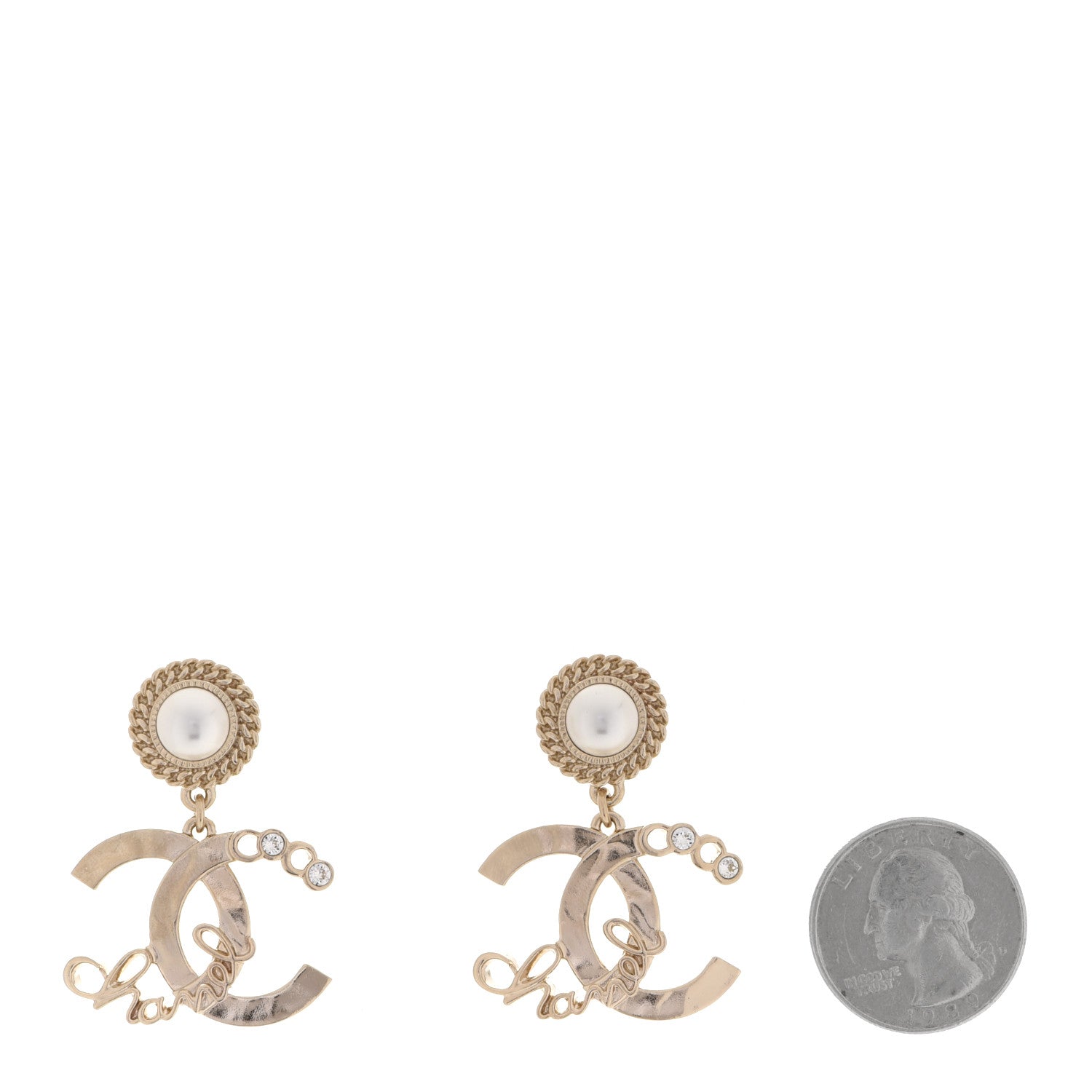 Chanel Pearl Crystal CC Logo Drop Earrings Gold 2 of 5