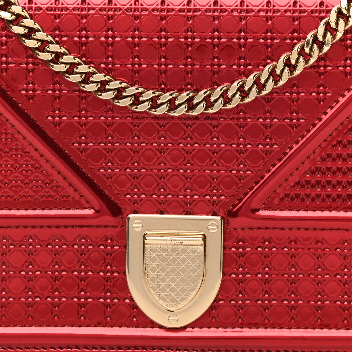 Christian Dior Metallic Patent Micro-Cannage Diorama Wallet on Chain Pouch Red 7 of 10