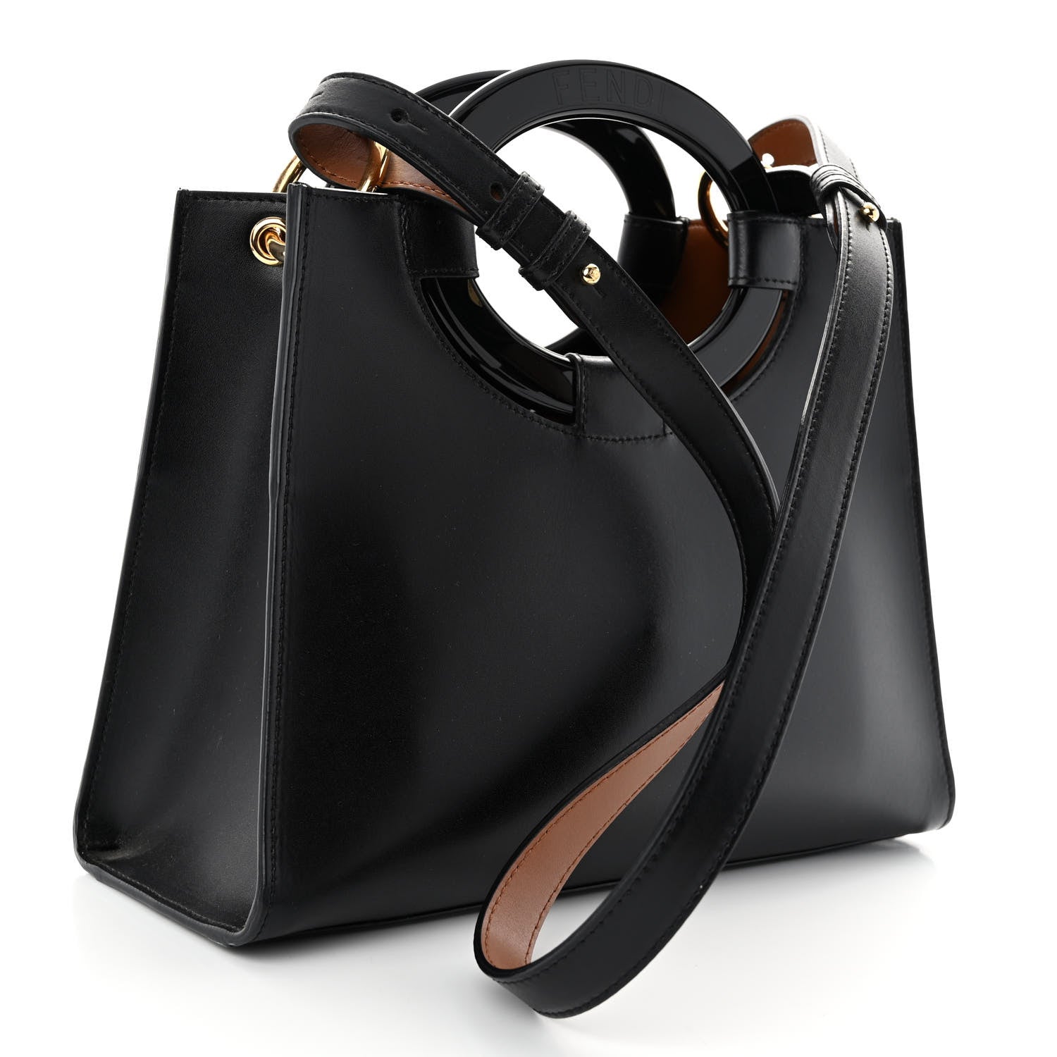 Fendi Vitello Liberty Plexiglass Stamp Patch Perforated Small Runaway Shopper Tote Black 3 of 9