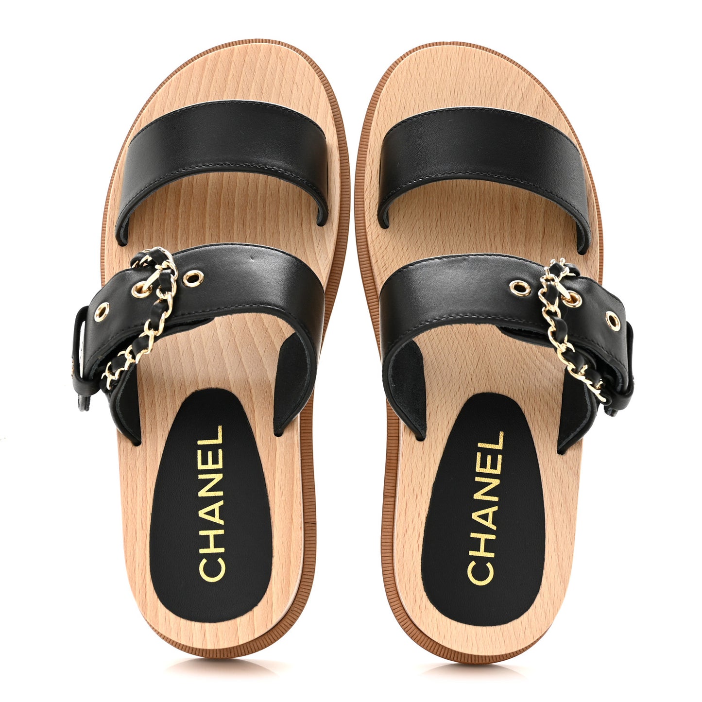 Calfskin Wood Buckle Sandals 36 Black