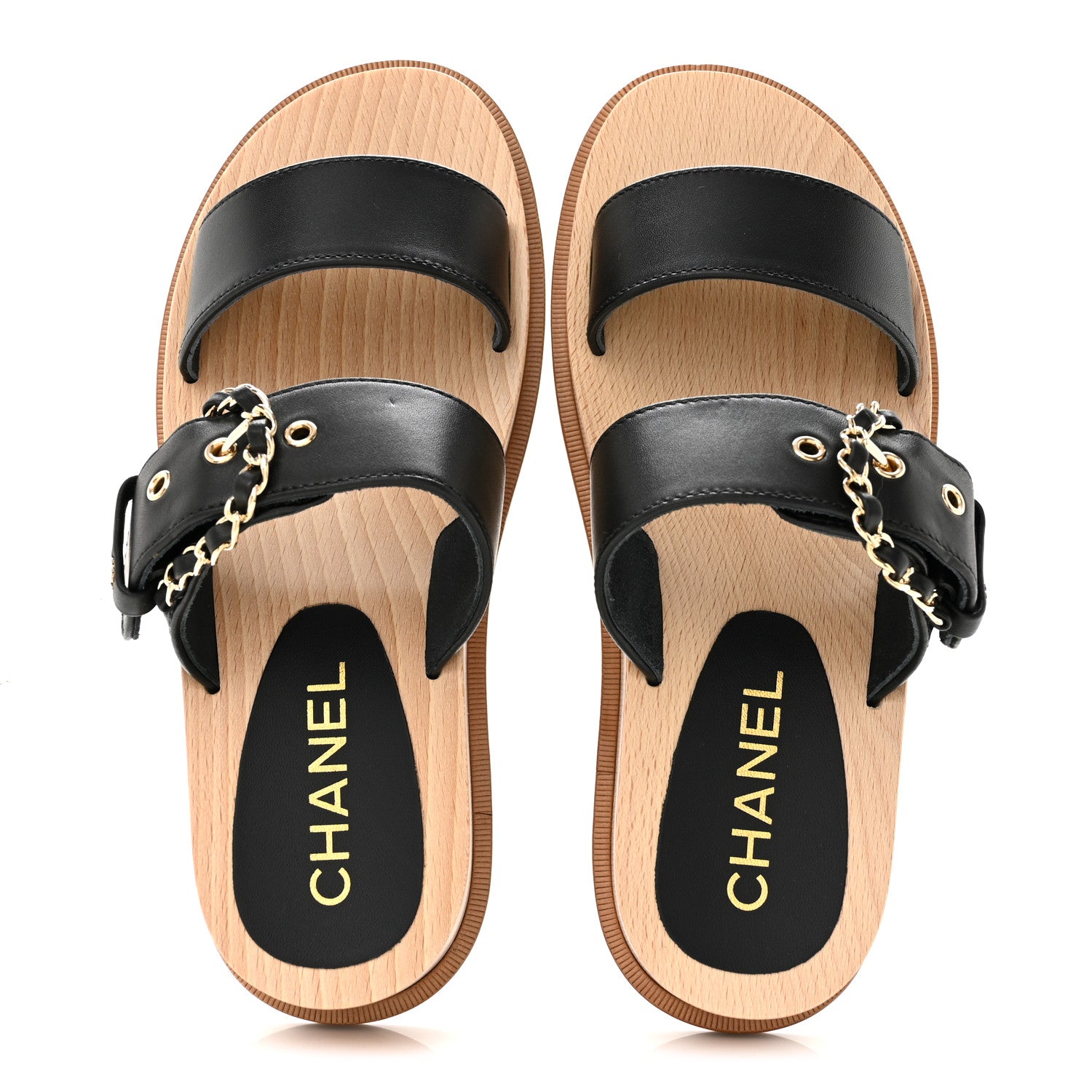 Chanel Calfskin Wood Buckle Sandals 36 Black 2 of 10
