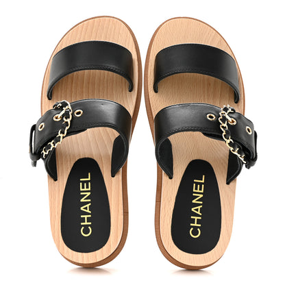 Chanel Calfskin Wood Buckle Sandals 36 Black 2 of 10