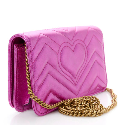 Gucci Metallic Calfskin Matelasse Crystal GG Marmont Mini Bag Fuchsia 3 of 10