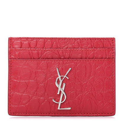 Saint Laurent Calfskin Crocodile Embossed Monogram Credit Card Case Red 1 of 4