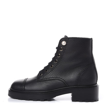 Chanel Calfskin Pearl Combat Ankle Boots 37 Black 1 of 8