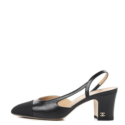 Chanel Goatskin Grosgrain Cap Toe CC Slingback Sandals 36 Black 1 of 8