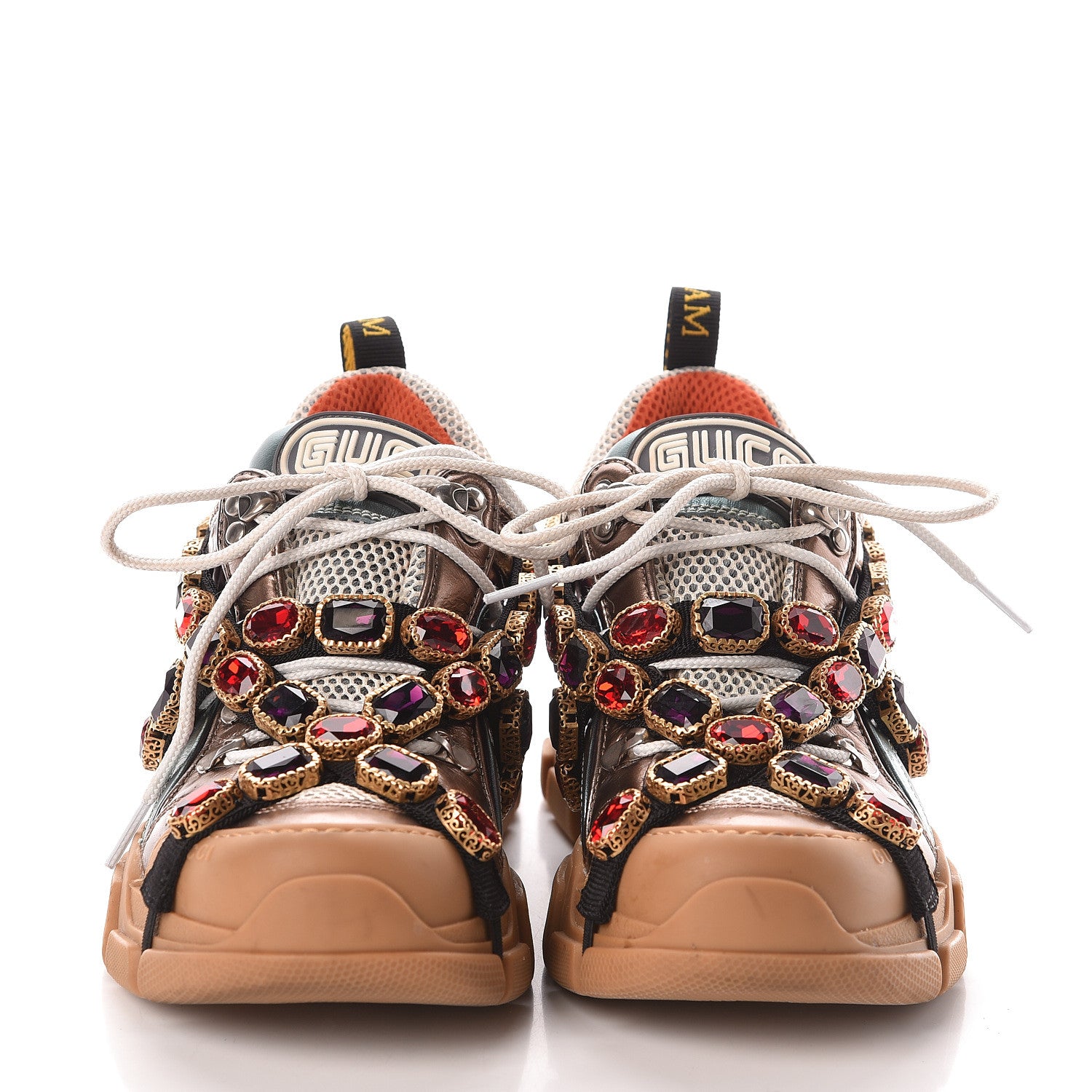 Gucci X SEGA Metallic Calfskin Mesh Removable Crystals Womens Flashtrek Sneakers 37.5 Rame Mystic White Lago 2 of 8