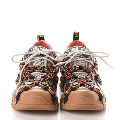 Gucci X SEGA Metallic Calfskin Mesh Removable Crystals Womens Flashtrek Sneakers 37.5 Rame Mystic White Lago 2 of 8