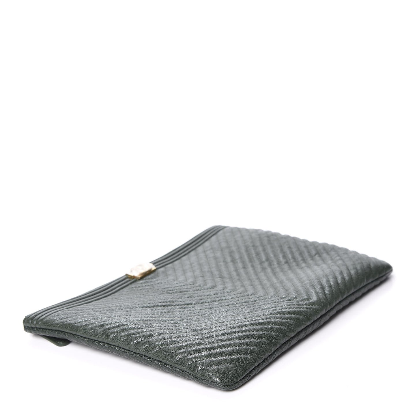 Caviar Chevron Quilted Medium Boy Zip Pouch Dark Green