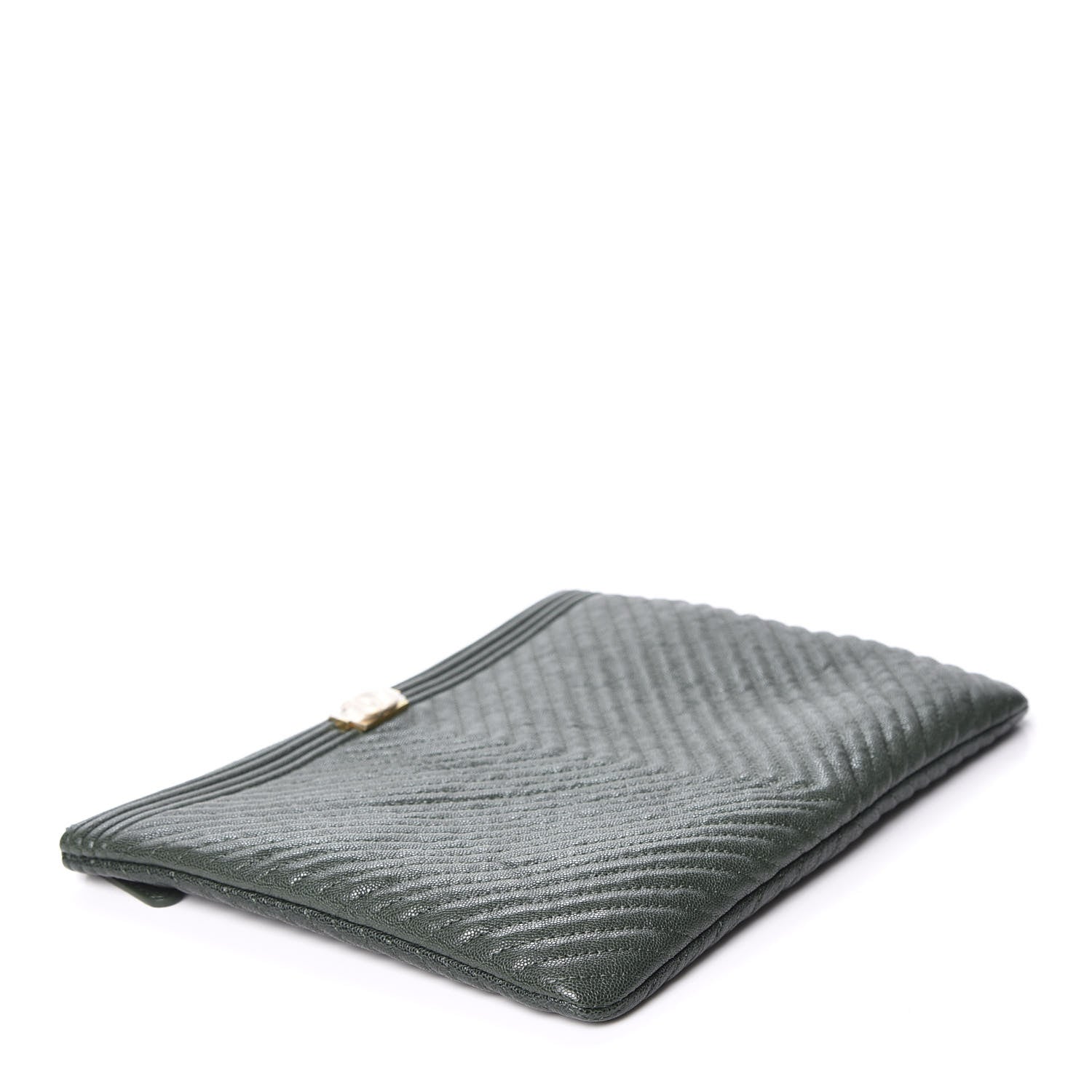 Chanel Caviar Chevron Quilted Medium Boy Zip Pouch Dark Green 3 of 10