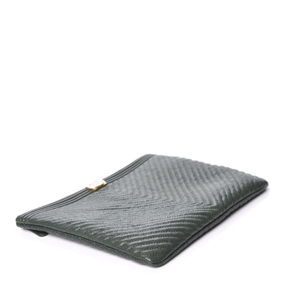 Chanel Caviar Chevron Quilted Medium Boy Zip Pouch Dark Green 3 of 10