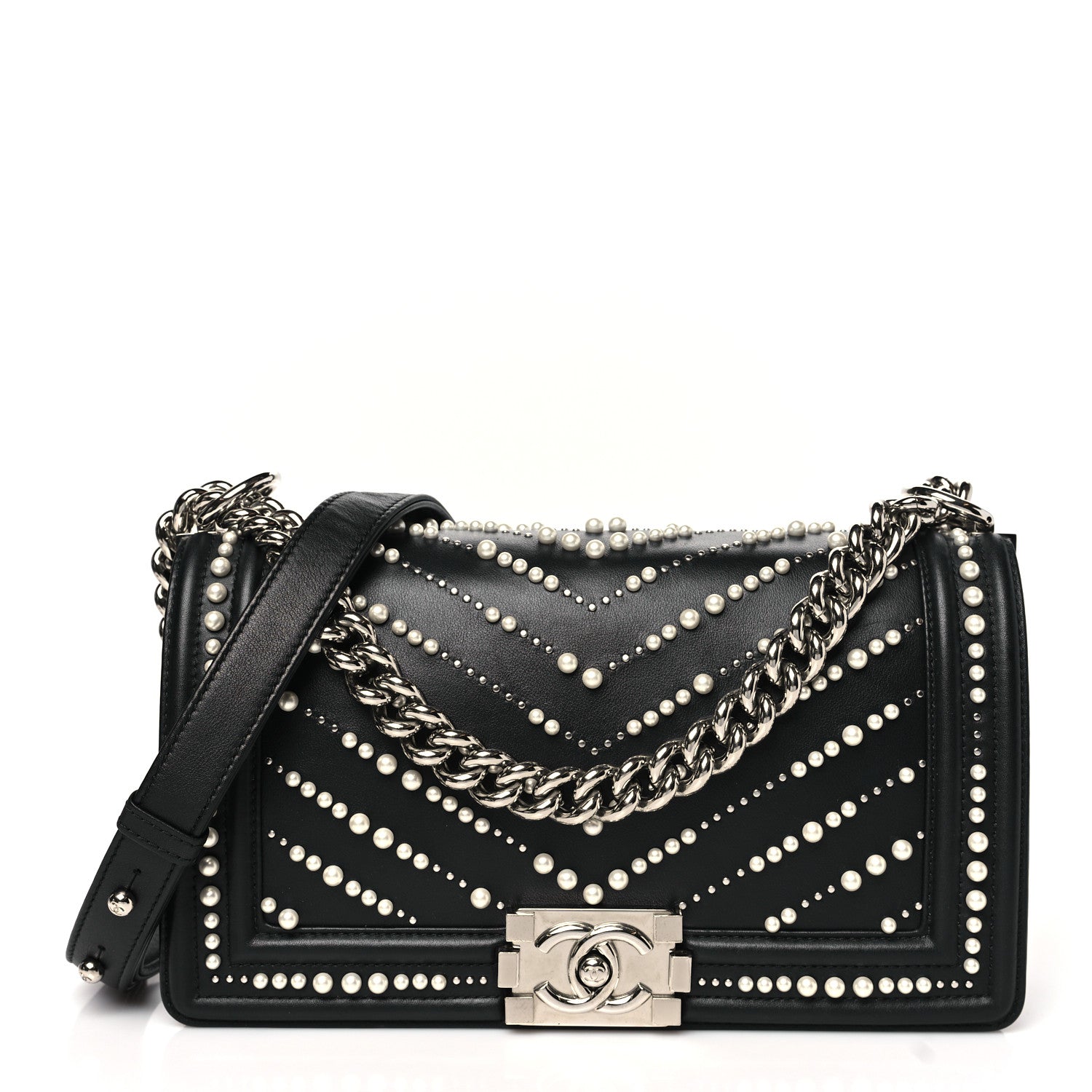 Chanel Calfskin Pearl Chevron Medium Boy Flap Black 1 of 10