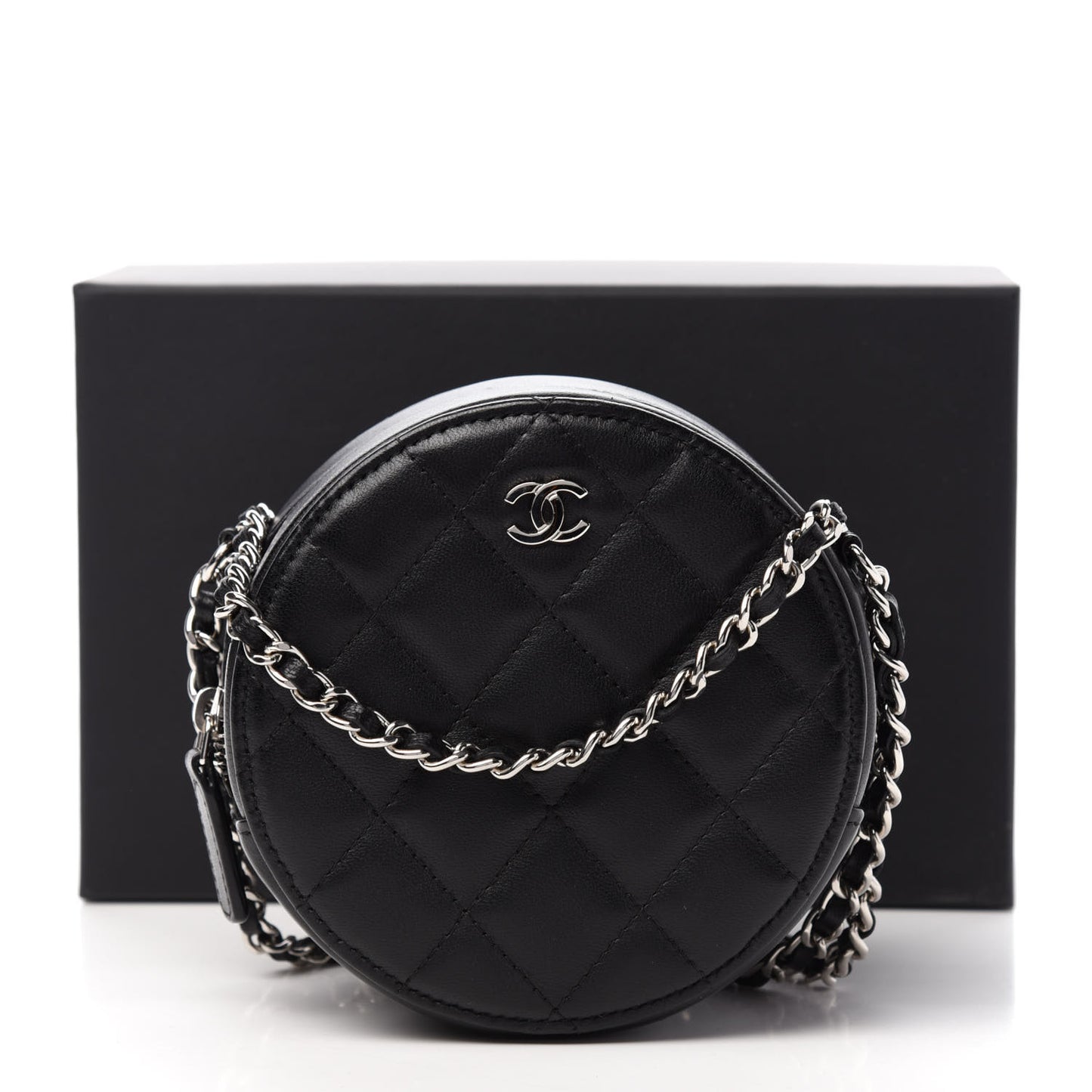 Lambskin Quilted Round Clutch With Chain Black
