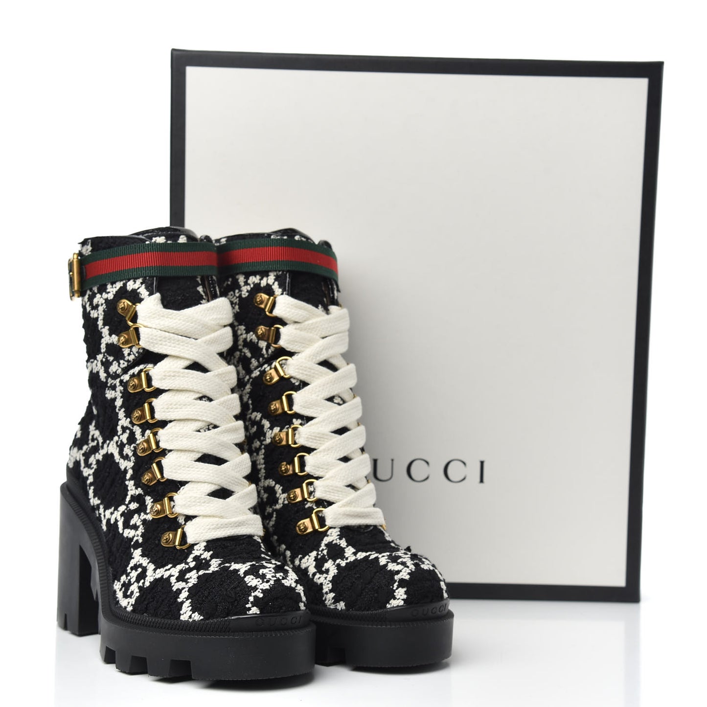 Tweed GG Monogram Lace Up Combat Ankle Boots 35 Black