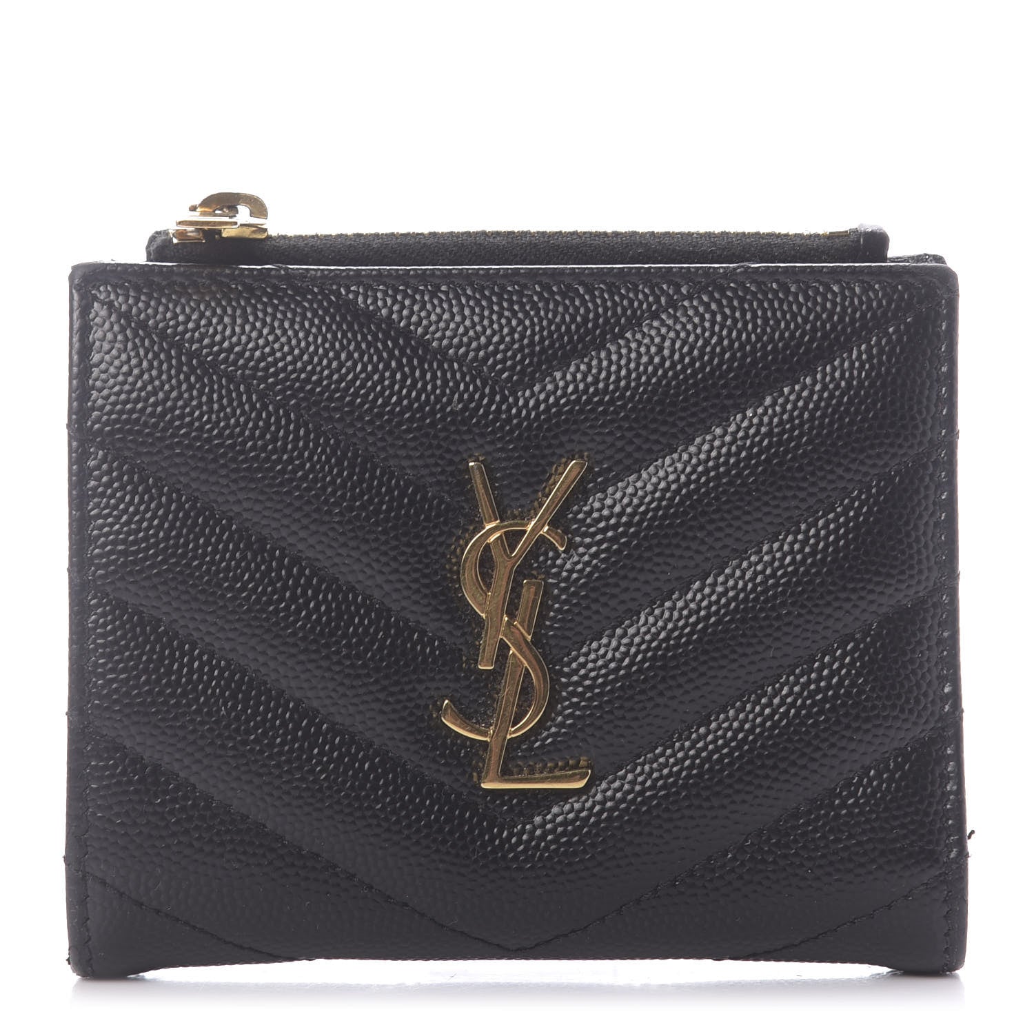 Saint Laurent Grain De Poudre Matelasse Chevron Monogram Zipped Card Case Black 1 of 9
