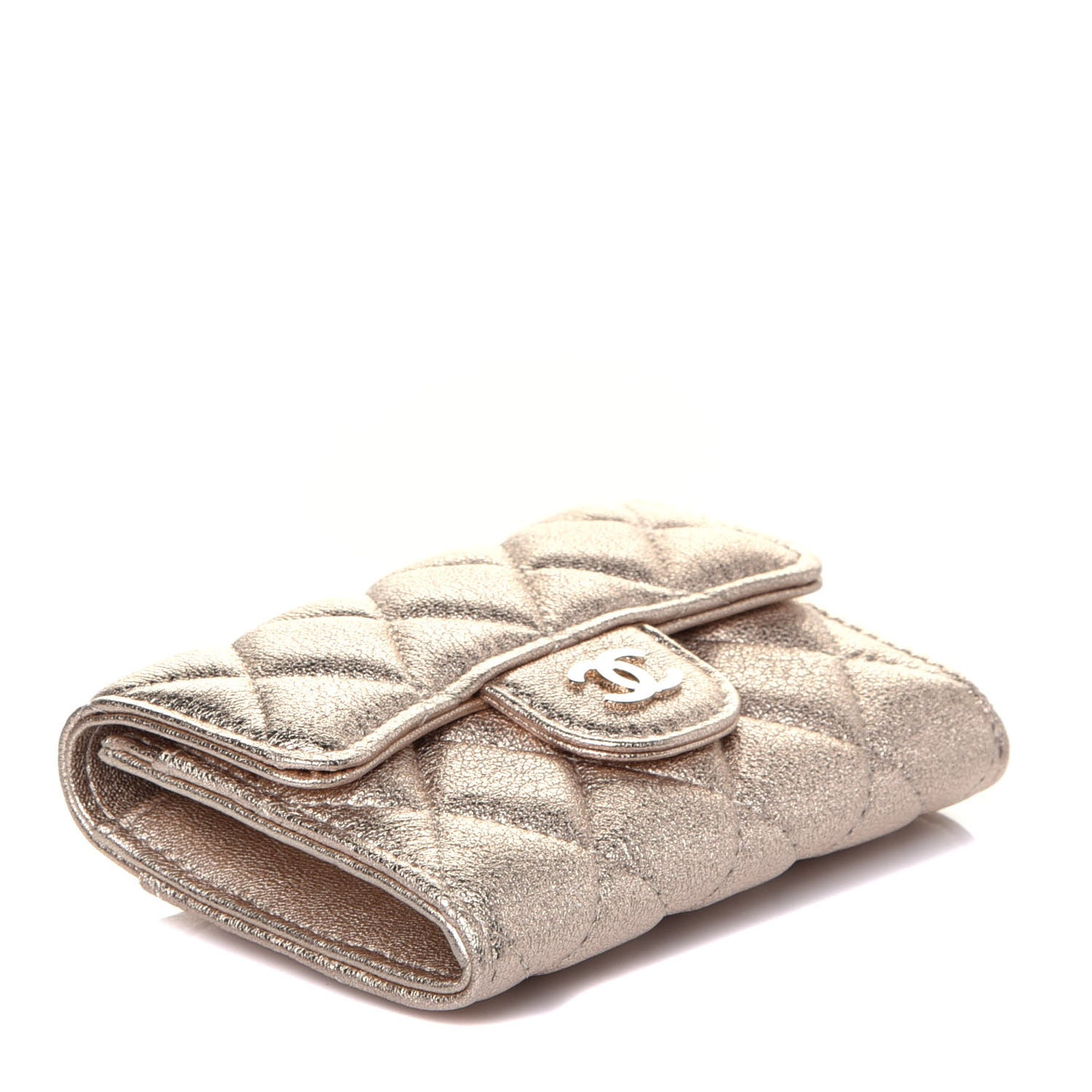 Metallic Lambskin Quilted Flap Card Holder Wallet Gold