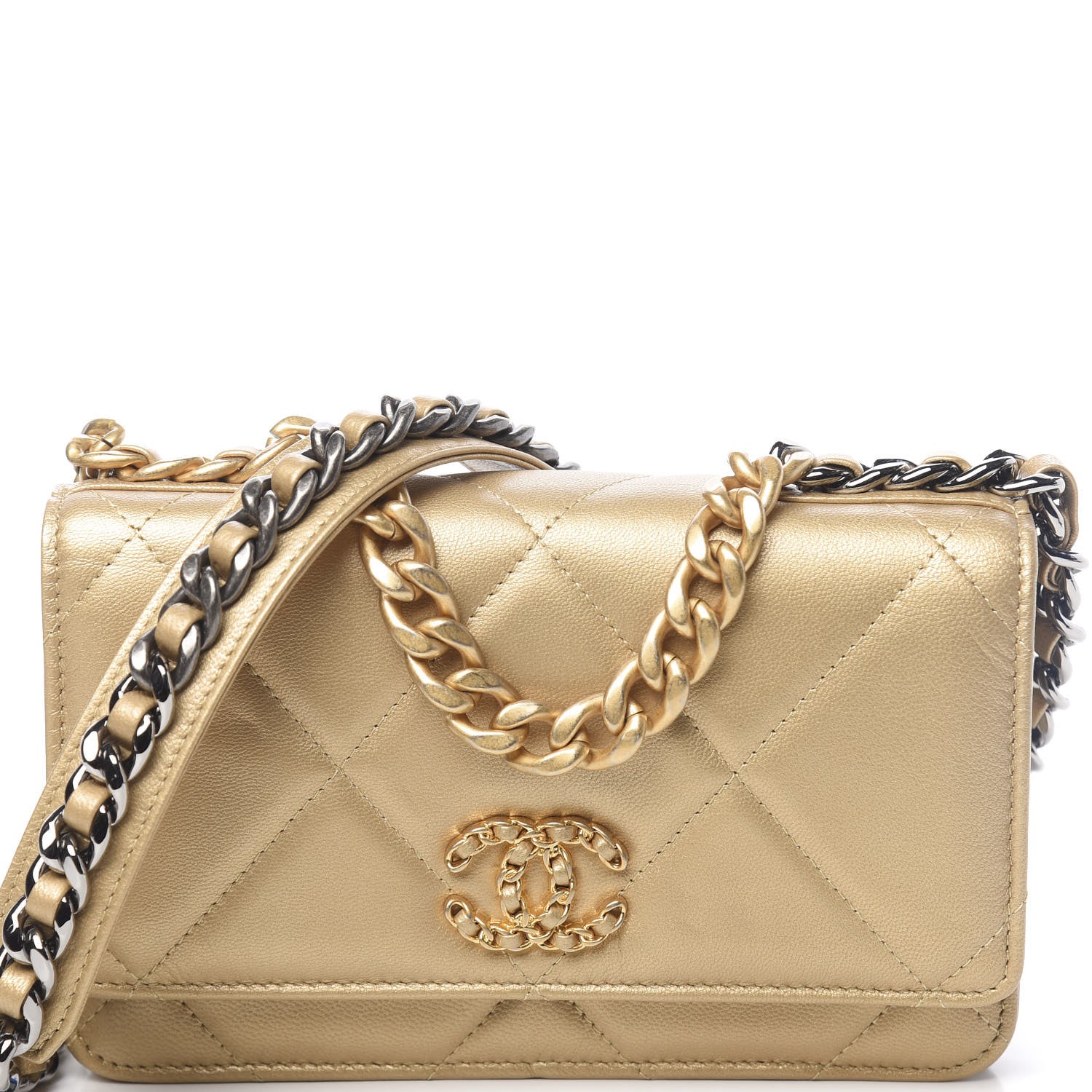 Chanel Metallic Goatskin Quilted 19 Wallet On Chain WOC Gold