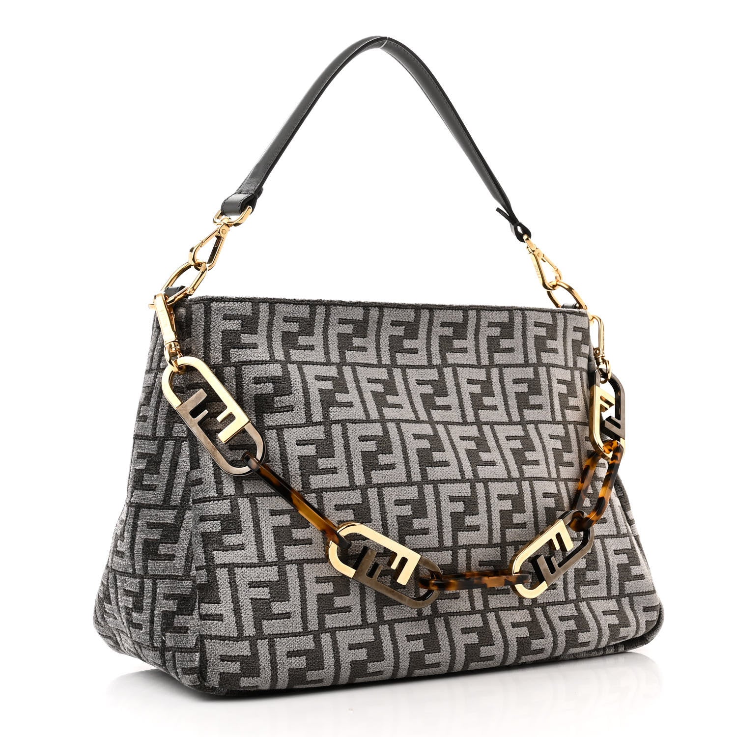 Fendi Chenille Vitello Seta Plexiglass FF Fendi O'Lock Zipper Anthracite Asfalto 3 of 11