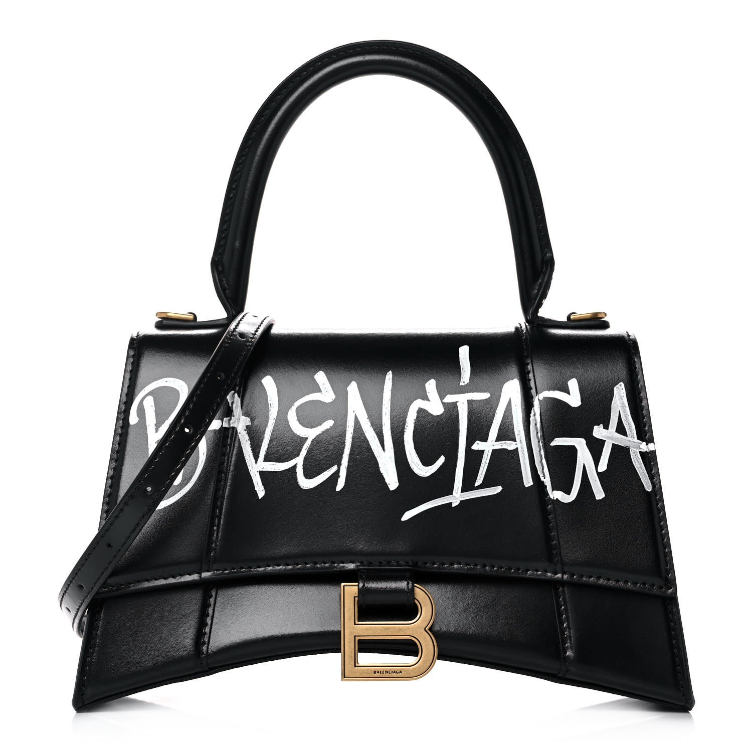 Balenciaga Shiny Box Calfskin Graffiti Logo Small Hourglass Top Handle Bag Black 1 of 10
