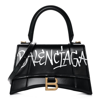 Balenciaga Shiny Box Calfskin Graffiti Logo Small Hourglass Top Handle Bag Black 1 of 10