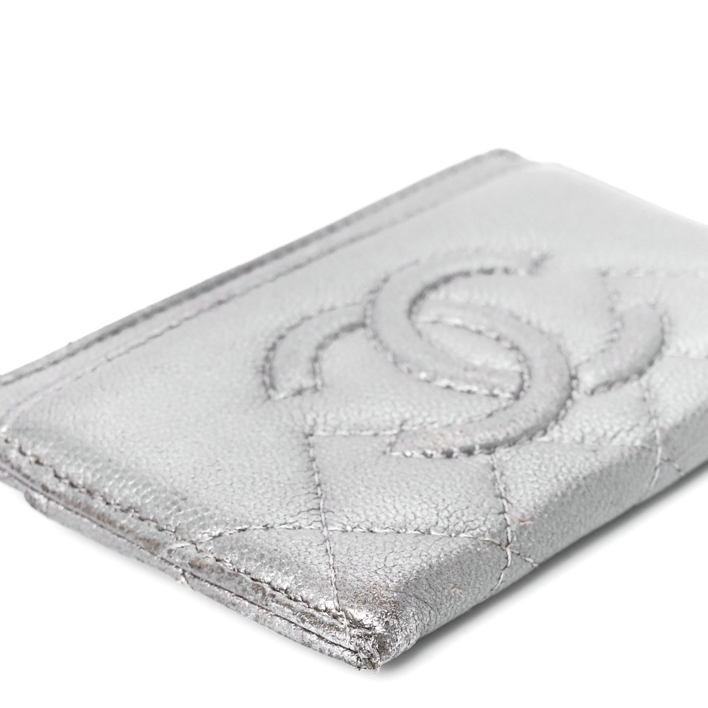 Metallic Caviar Quilted Card Holder Silver
