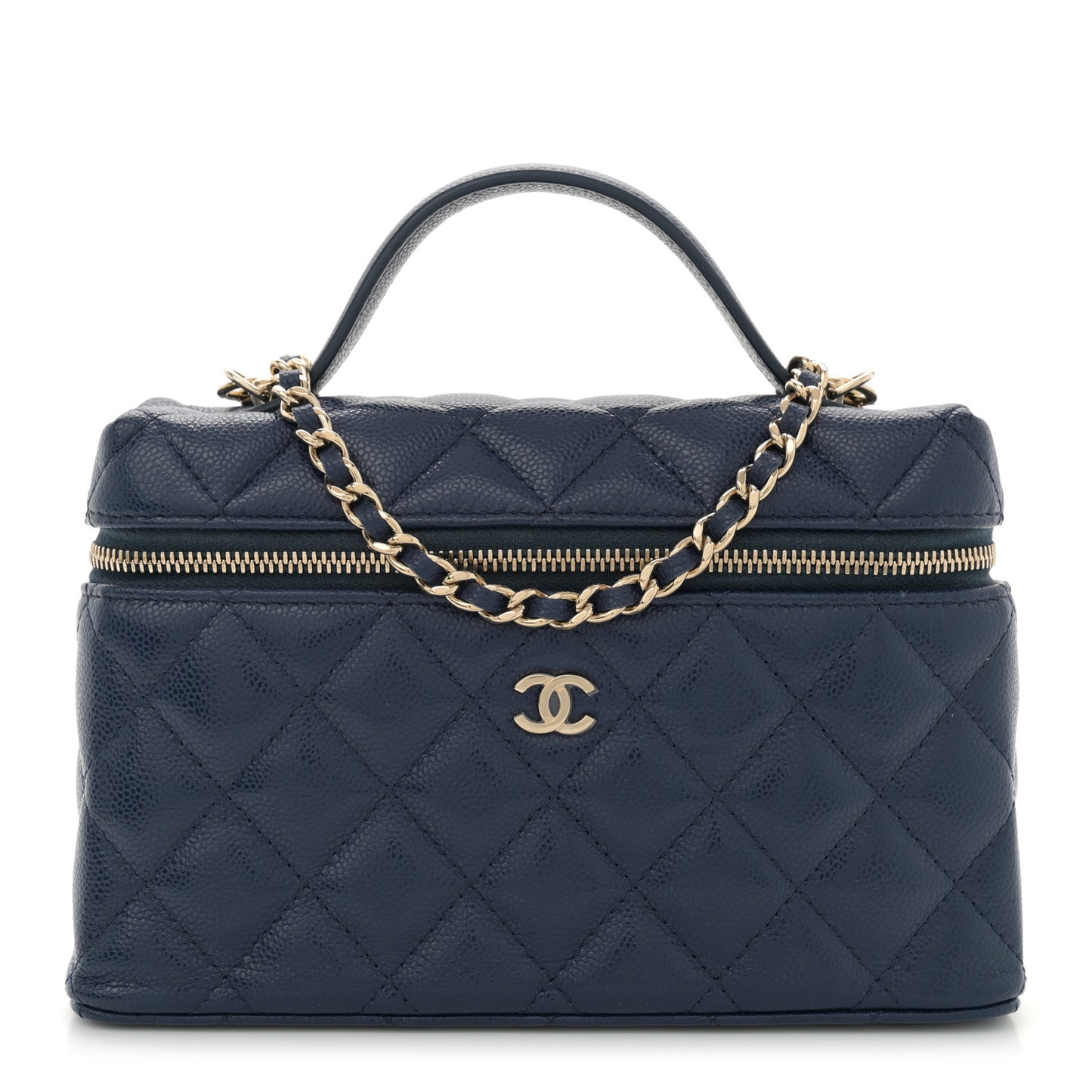 Caviar Quilted Top Handle Slim Vanity With Chain Navy