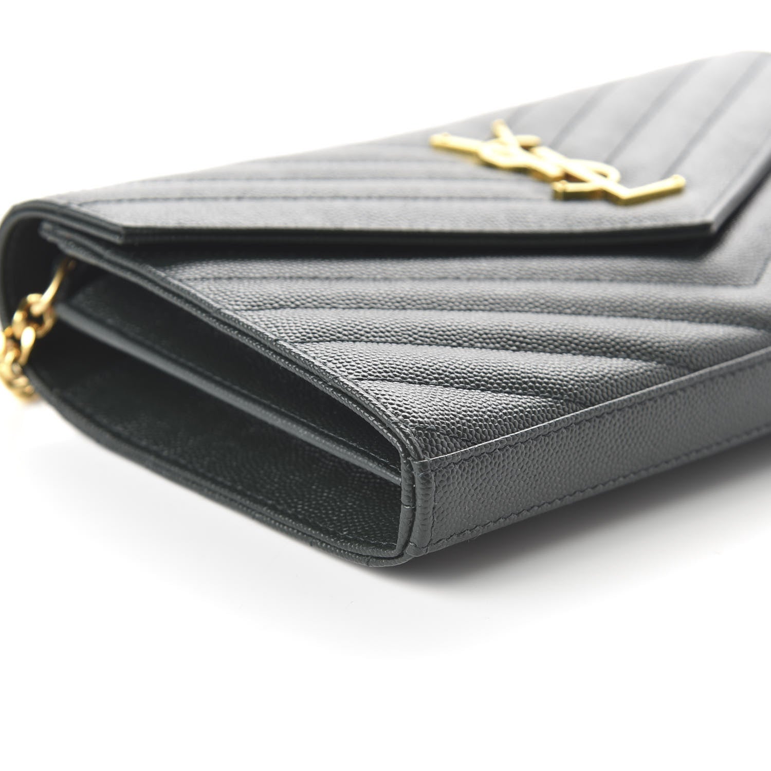 Saint Laurent Grain De Poudre Matelasse Chevron Monogram Chain Wallet Dark Green 6 of 10