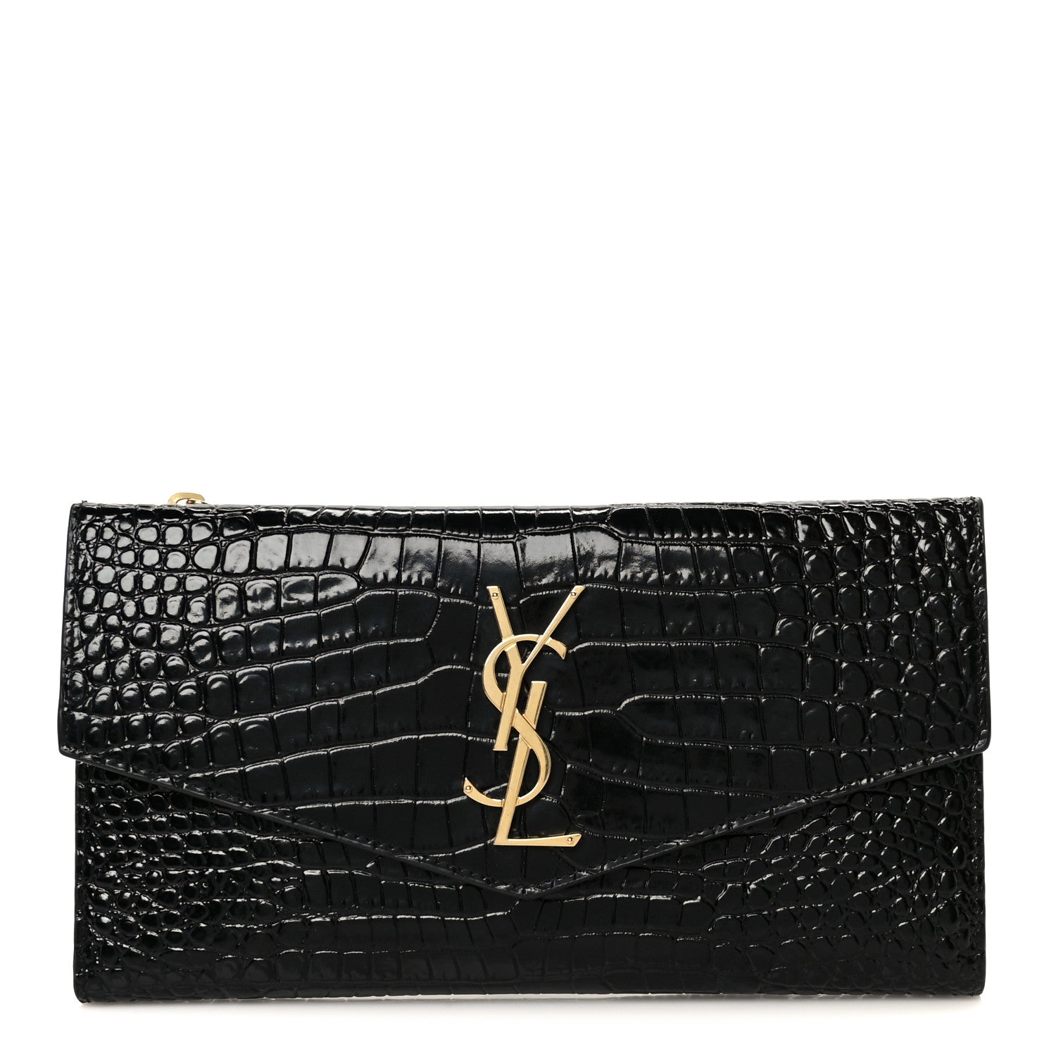 Saint Laurent Shiny Calfskin Crocodile Embossed Monogram Uptown Wallet Black 1 of 9