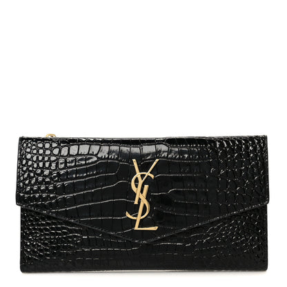 Saint Laurent Shiny Calfskin Crocodile Embossed Monogram Uptown Wallet Black 1 of 9