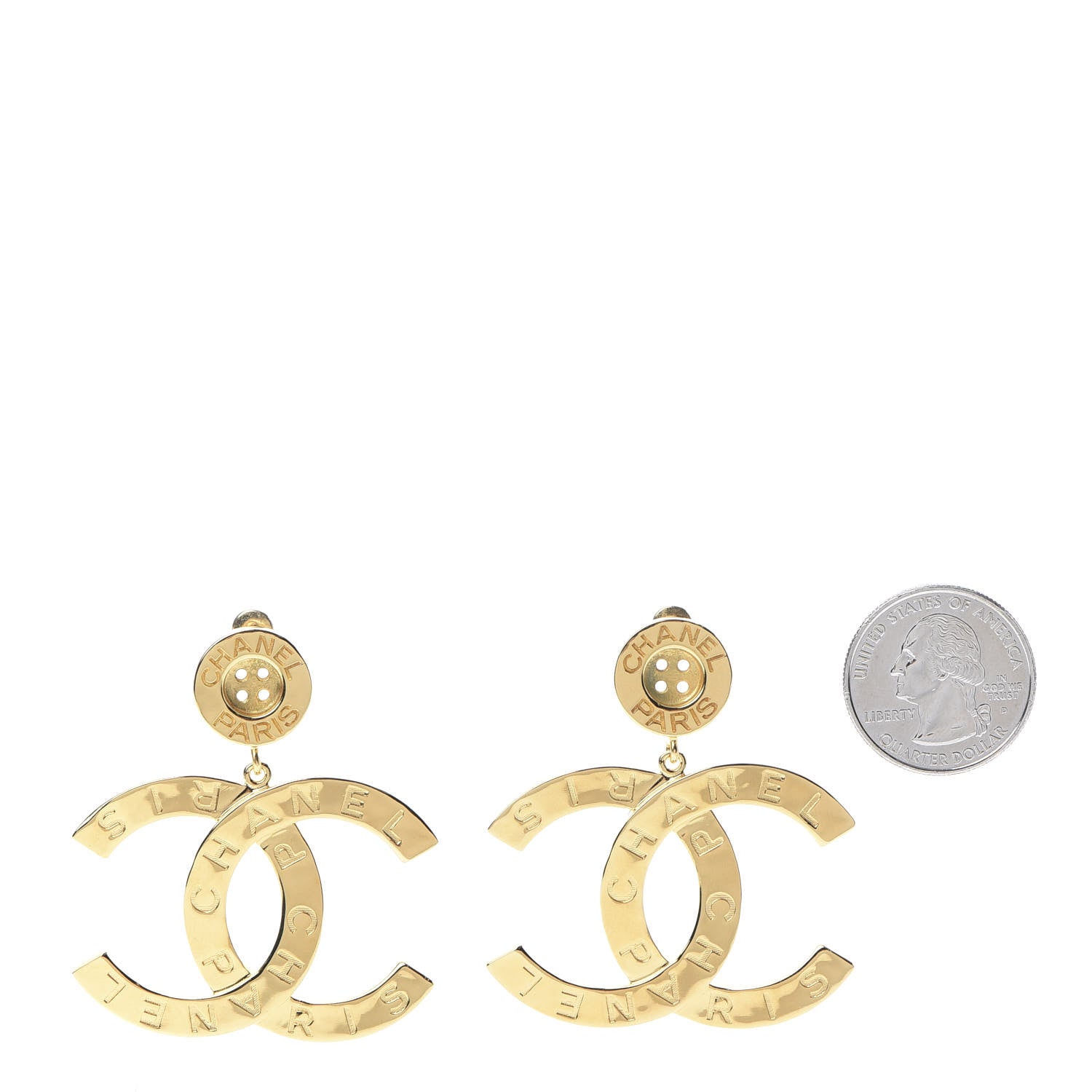 Chanel Metal Large Paris Button Earrings Gold 2 of 4