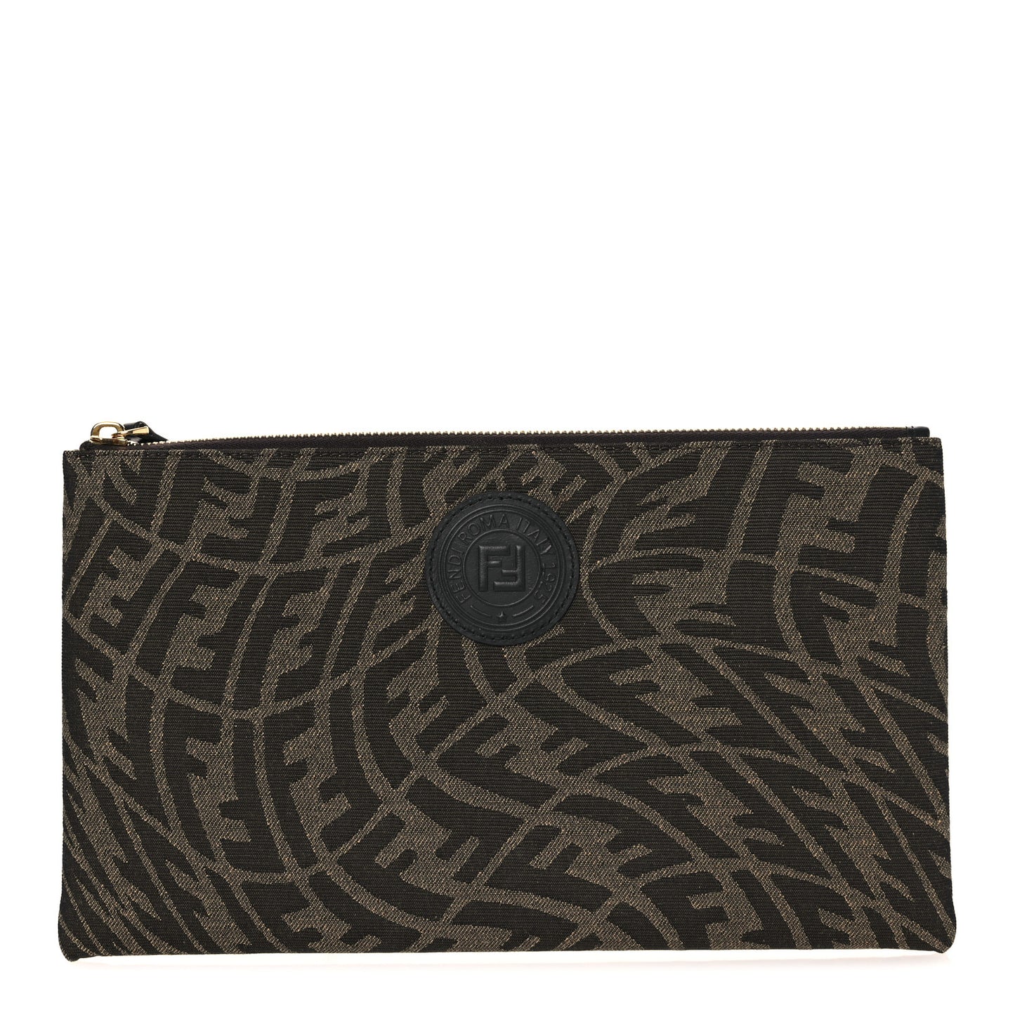 X SARAH COLEMAN Fabric Jacquard Vitello King FF Vertigo Medium Flat Pouch Tobacco Moro Black
