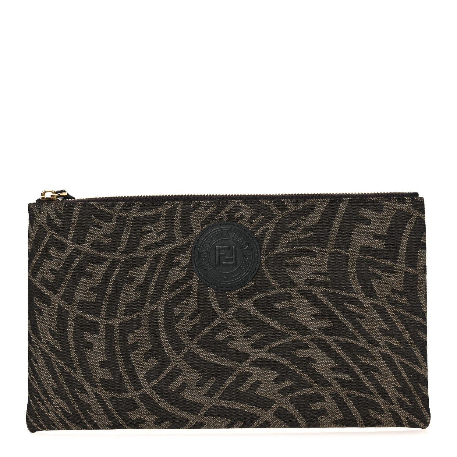 Fendi X SARAH COLEMAN Fabric Jacquard Vitello King FF Vertigo Medium Flat Pouch Tobacco Moro Black 1 of 9