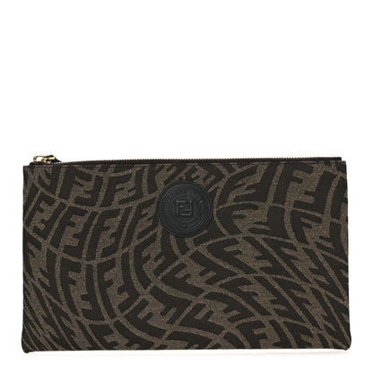Fendi X SARAH COLEMAN Fabric Jacquard Vitello King FF Vertigo Medium Flat Pouch Tobacco Moro Black 1 of 9