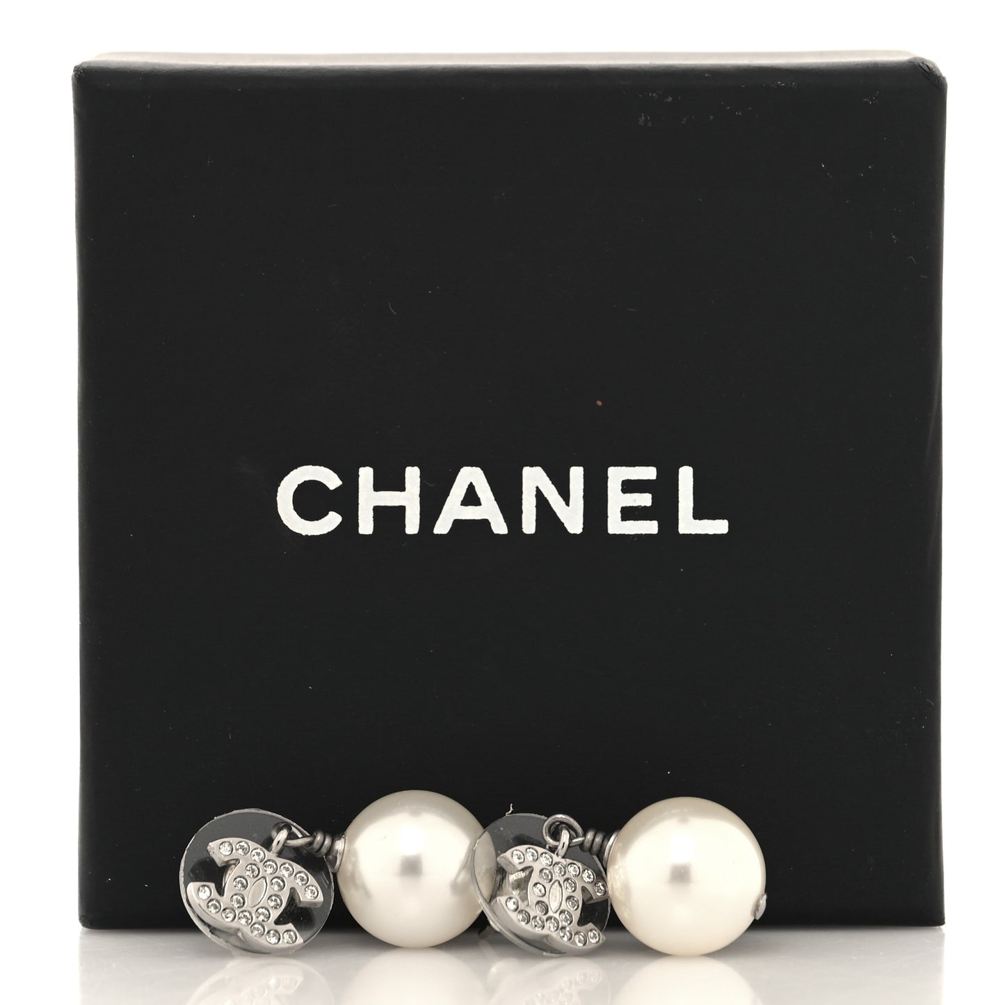Crystal Pearl CC Drop Earrings Silver Pearly White