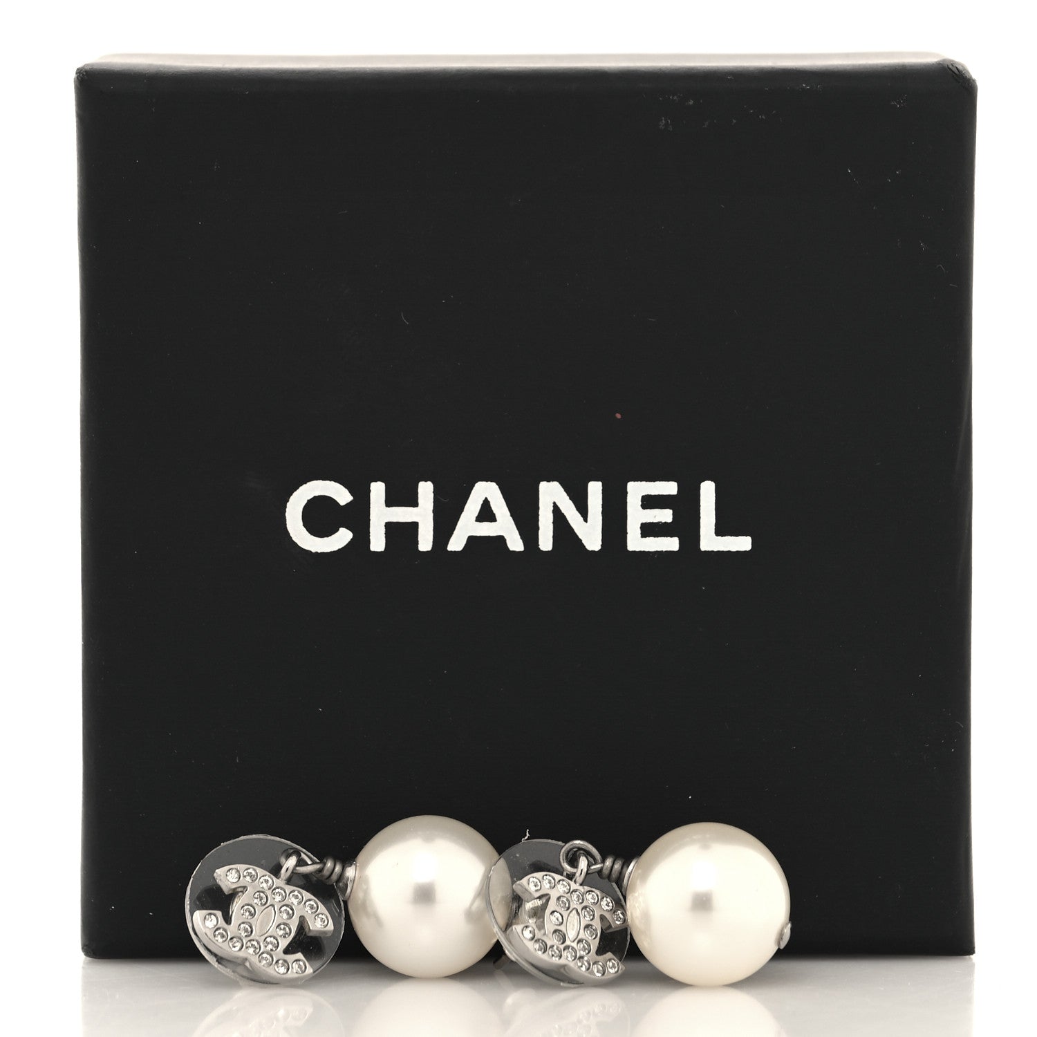 Chanel Crystal Pearl CC Drop Earrings Silver Pearly White 5 of 5