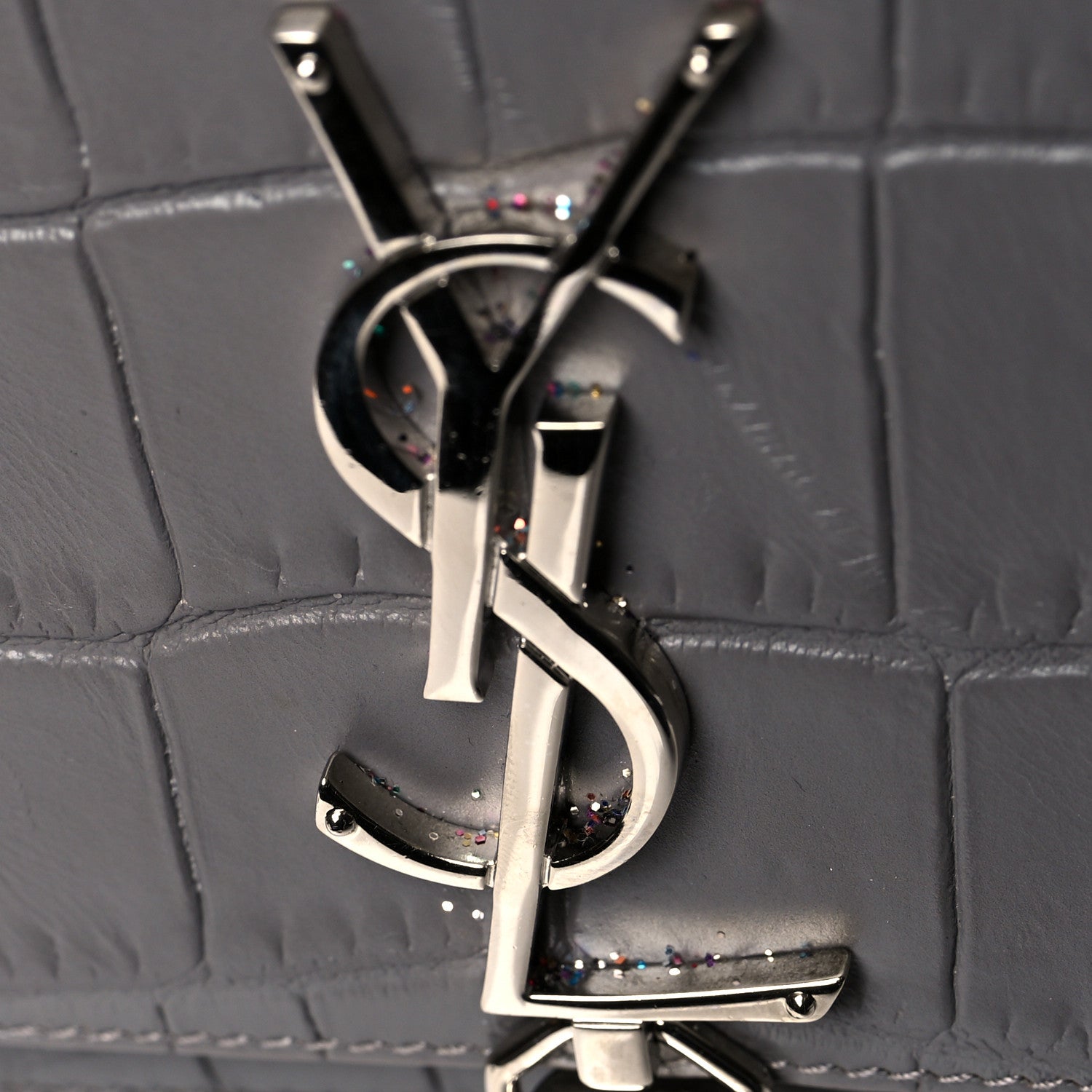 Saint Laurent Calfskin Crocodile Embossed Kate Monogram Tassel Chain Wallet Fog 11 of 11