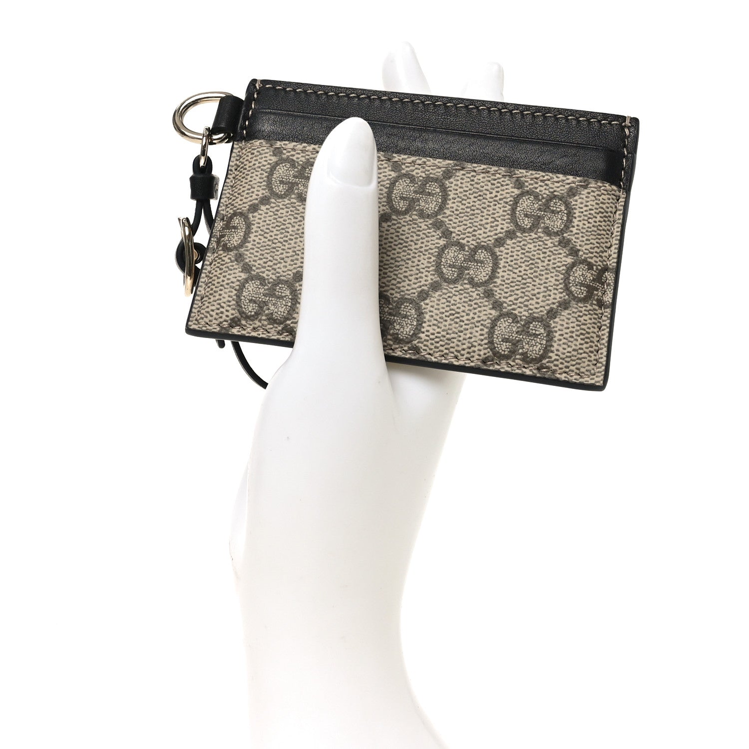 Gucci GG Supreme Monogram Calfskin Emblem Card Holder With Strap Beige Black 2 of 8