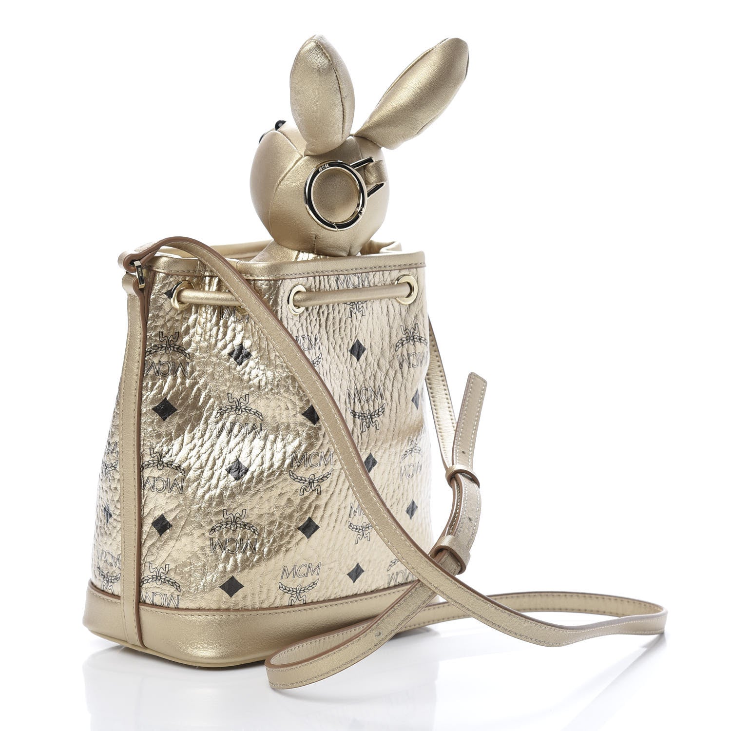 MCM Metallic Visetos Zoo Rabbit Drawstring Bucket Bag Berlin Gold 4 of 11
