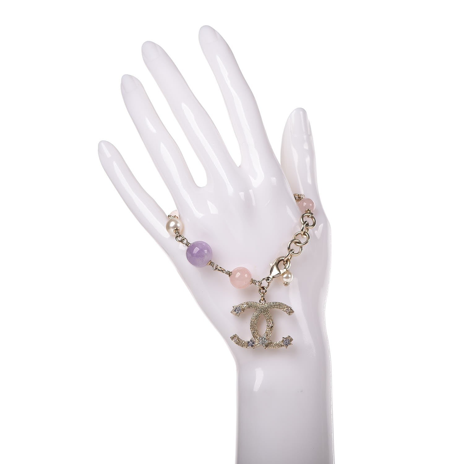 Chanel Pearl Beaded Crystal Star CC Bracelet Purple Gold 2 of 4
