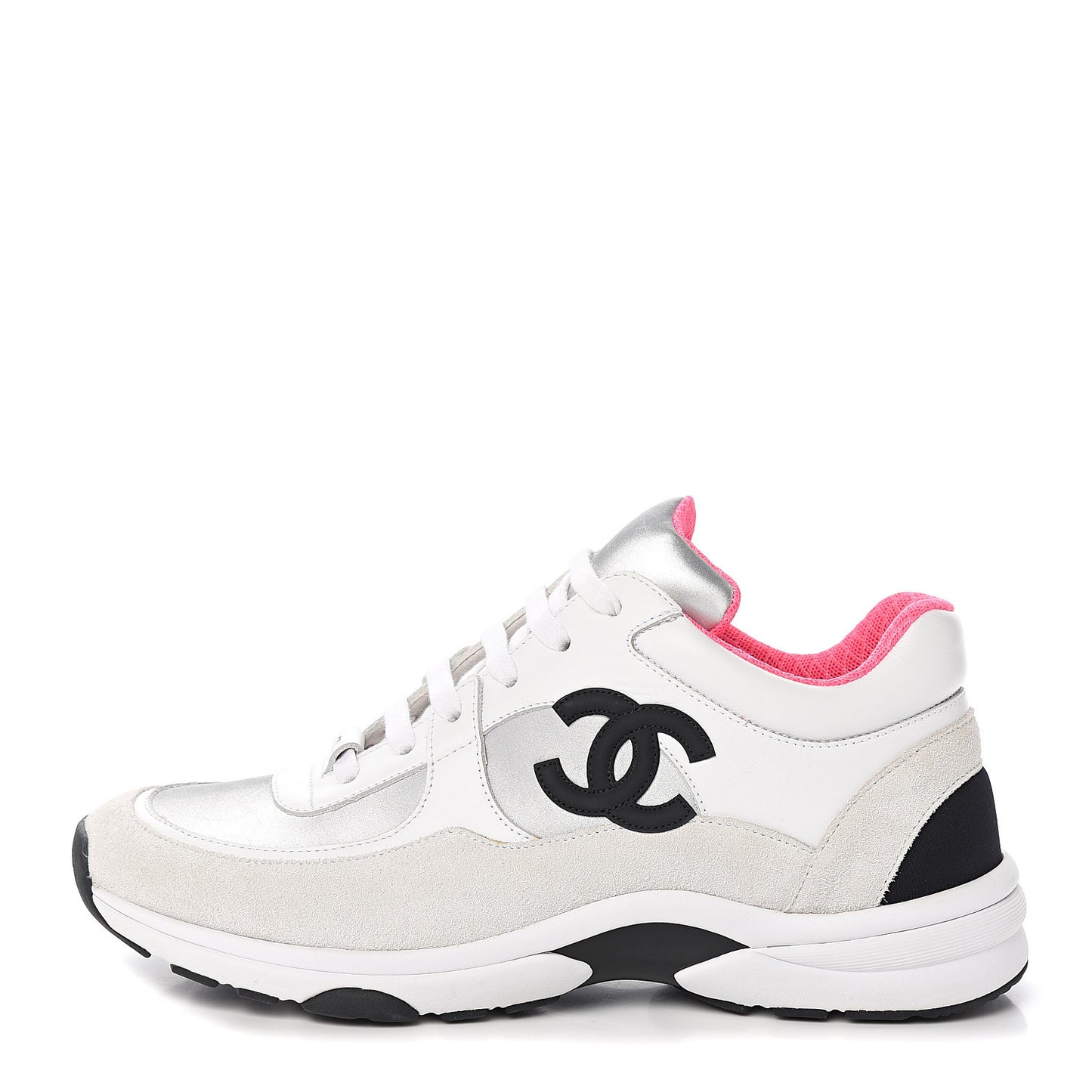 Calfskin Fabric Sneakers 39.5 White Silver Fluo Pink