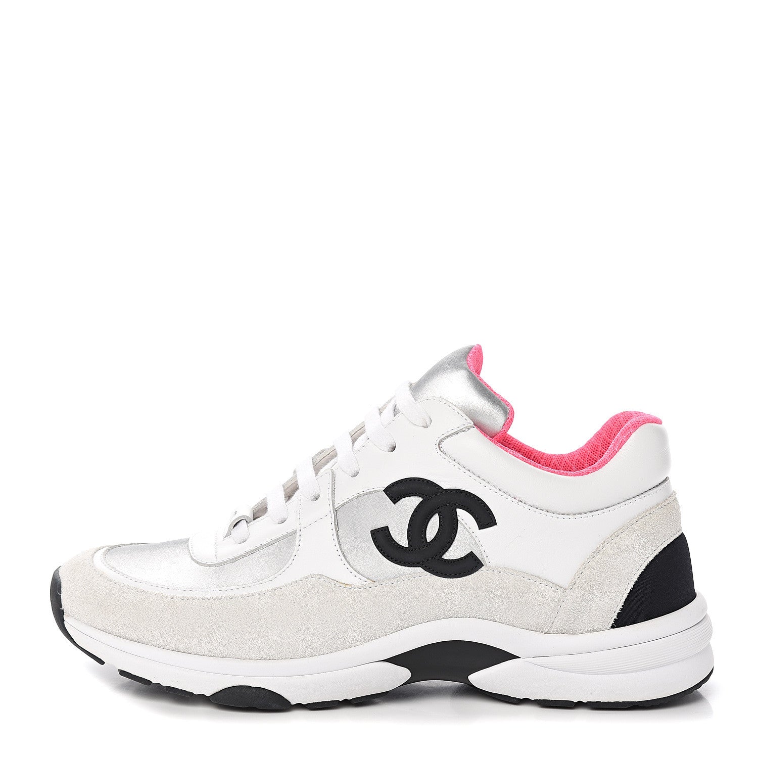Chanel Calfskin Fabric Sneakers 39.5 White Silver Fluo Pink 1 of 8